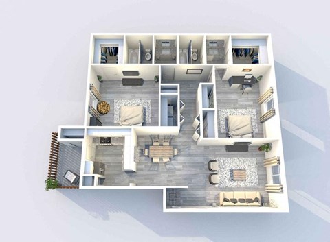 A top-down view of a modern apartment layout with a central open space and surrounding rooms.
